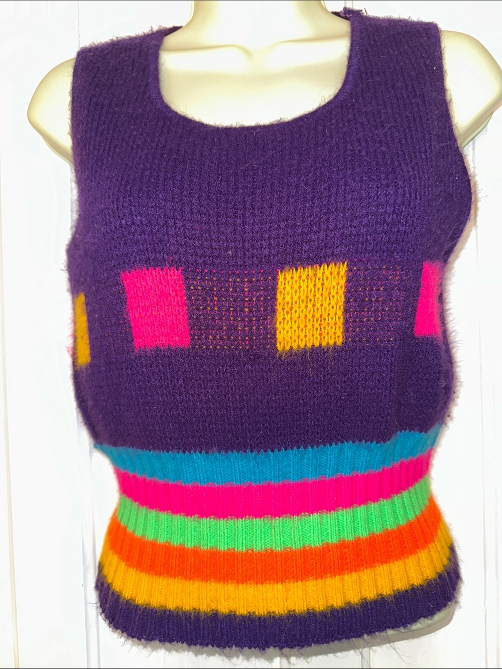 Vintage 60s/70s Purple Multicolor Striped Ribbed Acrylic Sweater Vest